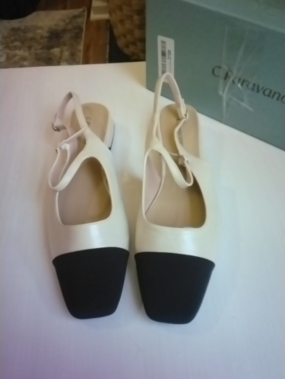 C.Paravano  Cream and Black Slingback Flats